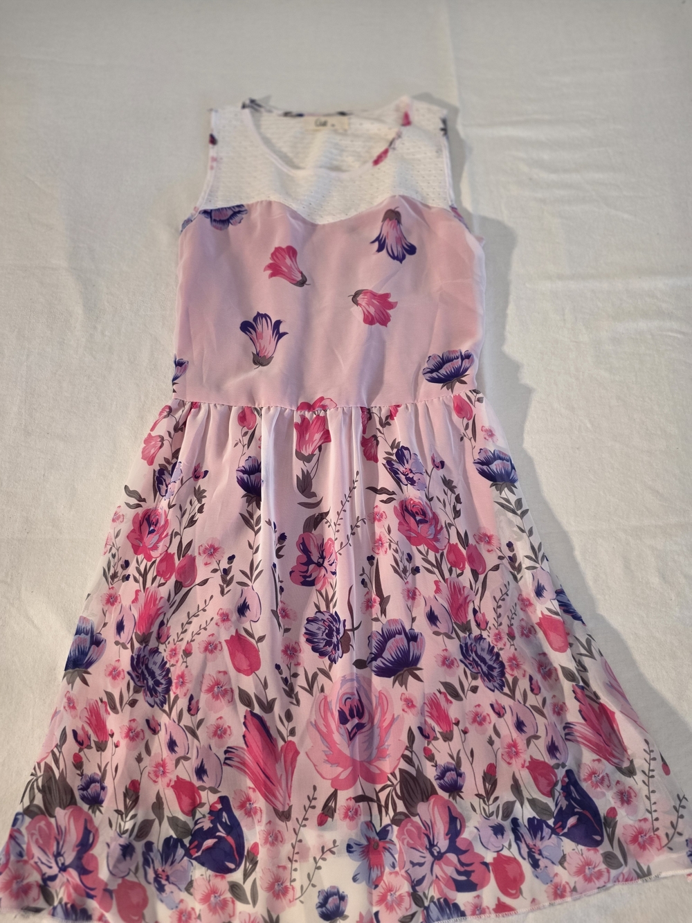 Girls Pink Floral Sleeveless Summer Dress with Lace Yoke